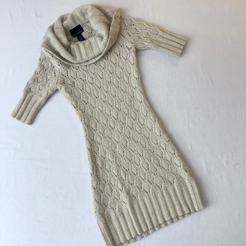 Cynthia Rowley Beige Angora Wool Blend Cowl Neck Cable Knit Sweater Dress XS - Picture 1 of 13